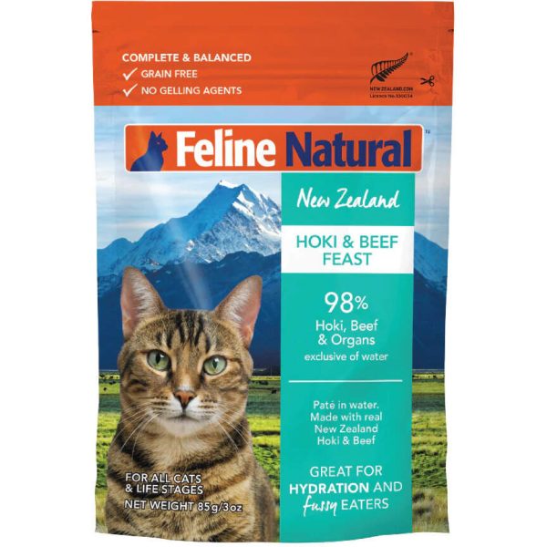 4 FOR $17.60: Feline Natural Hoki & Beef Feast Pouch Cat Food 85g Discount