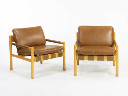 Pair 1976 Nicos Zographos Saronis Leather & Oak Lounge Chairs from Hugh Stubbins Library Online now