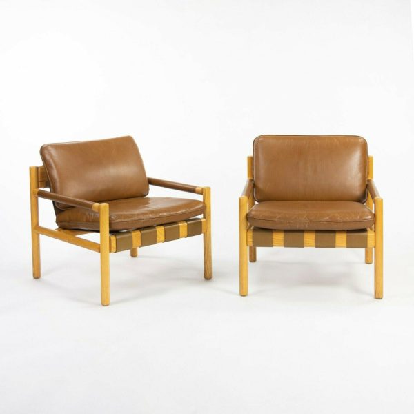 Pair 1976 Nicos Zographos Saronis Leather & Oak Lounge Chairs from Hugh Stubbins Library Online now