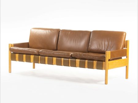 1976 Nicos Zographos Saronis Leather & Oak Sofa from Hugh Stubbins Library Supply