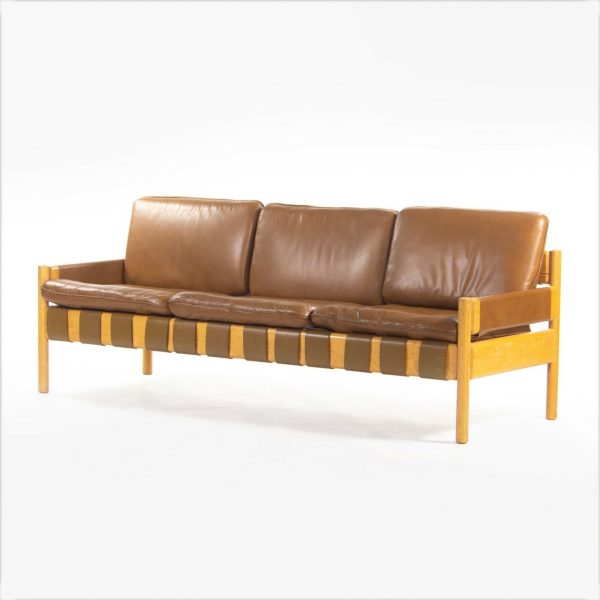 1976 Nicos Zographos Saronis Leather & Oak Sofa from Hugh Stubbins Library Supply