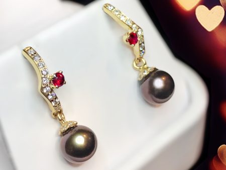 Genuine Diamond, Pigeon Blood Red and Black Plum Pearl 14k Yellow Gold Earrings on Sale