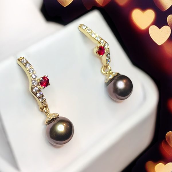 Genuine Diamond, Pigeon Blood Red and Black Plum Pearl 14k Yellow Gold Earrings on Sale