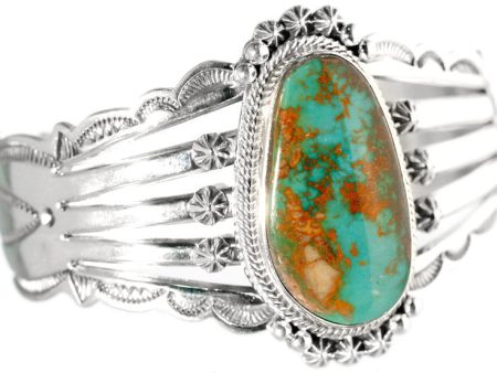 Aaron Toadlena Ornate Crow Springs Turquoise Sterling Silver Bracelet For Sale