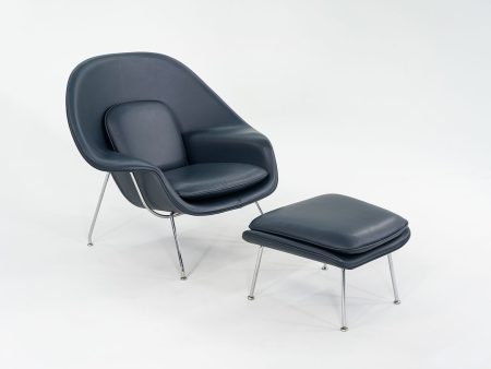 2019 Womb Chair and Ottoman, Models 70L and 74Y by Eero Saarinen for Knoll in Blue Leather For Discount