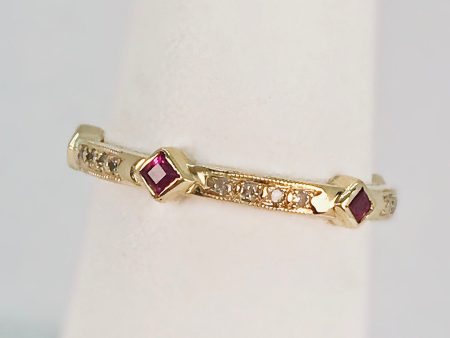 Square Genuine Ruby and Diamond Stackable 14k Yellow Gold Ring Fashion