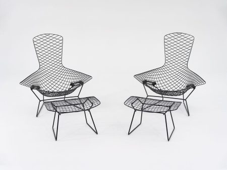 2010s 423LU Bertoia Bird Chair and 424YU Bertoia Ottoman by Harry Bertoia for Knoll in Black 2x Sets Available on Sale