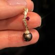 Genuine Diamond, Pigeon Blood Red and Black Plum Pearl 14k Yellow Gold Earrings on Sale