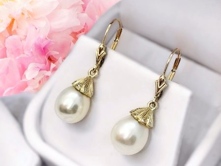 Pearl Dangle White 14K Yellow Gold Lab Diamond Earrings For Sale