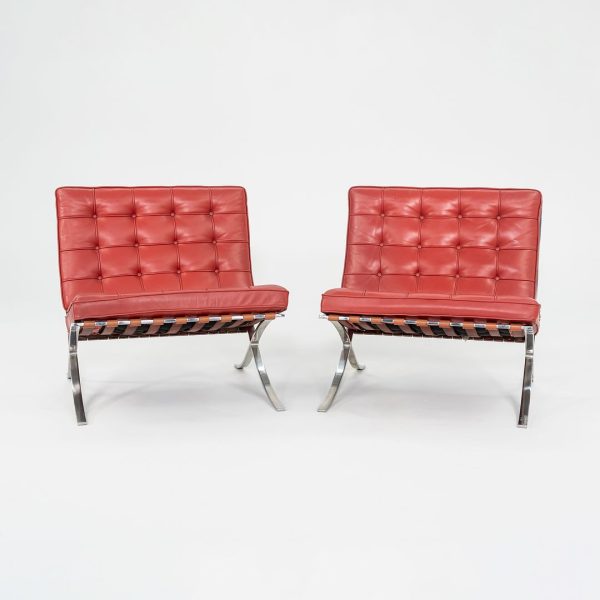 1995 Pair of Mies van der Rohe Barcelona Lounge Chairs with Stainless Frames in Sabrina Nasturtium Red Leather on Sale