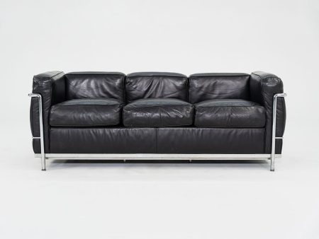 1980s Cassina LC2 Three Seat Sofa in Black Leather by Le Corbusier, Pierre Jeanneret and Charlotte Perriand For Cheap