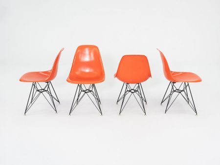 1962 Set of Four Herman Miller Eames DSR Fiberglass Dining Side Shell Chairs in Red Orange with Eiffel Bases For Sale