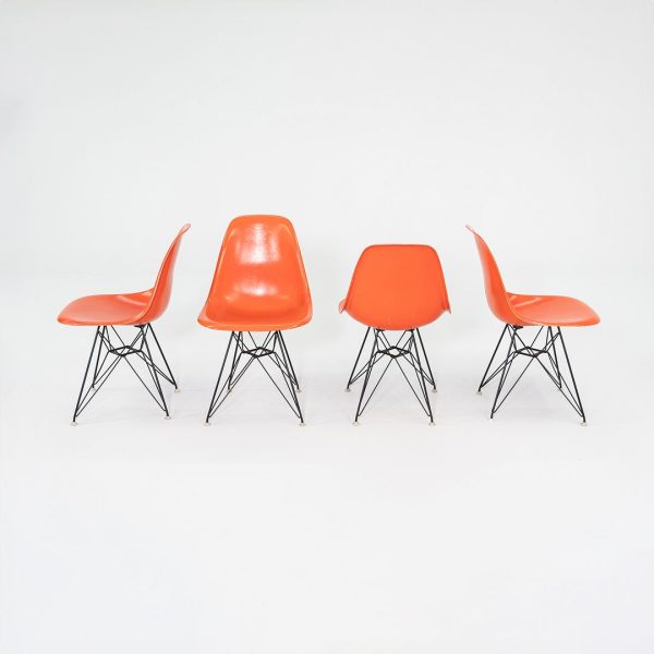 1962 Set of Four Herman Miller Eames DSR Fiberglass Dining Side Shell Chairs in Red Orange with Eiffel Bases For Sale