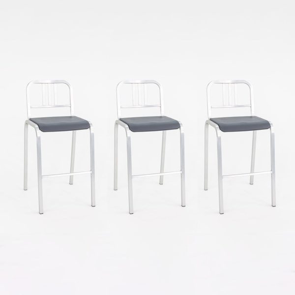 2022 Nine-O Bar Stool by Ettore Sottsass for Emeco in Brushed Aluminum with Grey Seat 21x Available Fashion