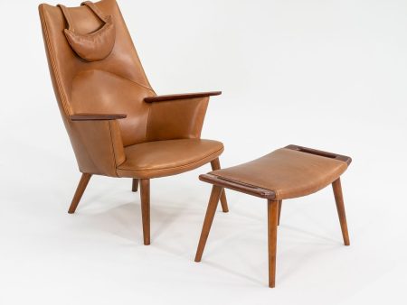 1958 Wegner AP27 and AP29 Lounge Chair and Ottoman by Hans Wegner for A.P. Stolen in Newly Upholstered Caramel Leather For Sale