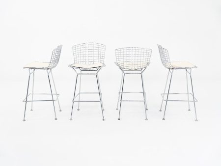 2011 Harry Bertoia for Knoll Chrome Bar Stools with Ivory Fabric Seat Pads 4x Available on Sale