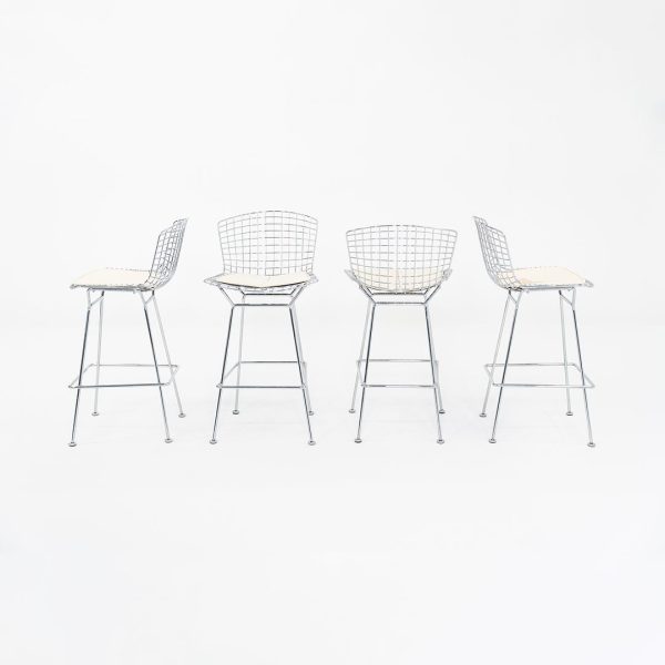 2011 Harry Bertoia for Knoll Chrome Bar Stools with Ivory Fabric Seat Pads 4x Available on Sale