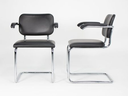 2010s Pair of Knoll Cesca Upholstered Armchair, Model 50A by Marcel Bruer for Knoll in Chromed Steel and Black Leather Fashion