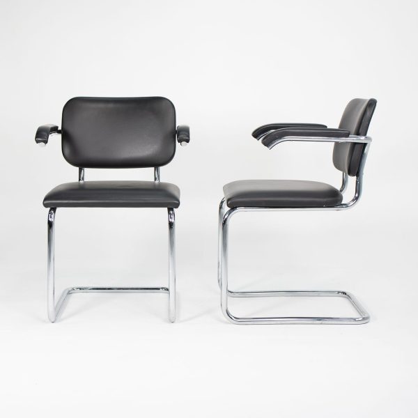 2010s Pair of Knoll Cesca Upholstered Armchair, Model 50A by Marcel Bruer for Knoll in Chromed Steel and Black Leather Fashion