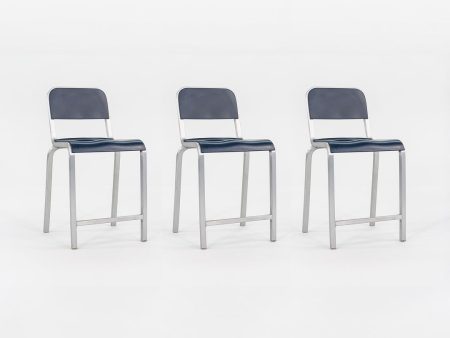 2010s Emeco 1951 Counter Stools by BMW Designworks in Brushed Aluminum with Blue Seats, 12x Available Sale