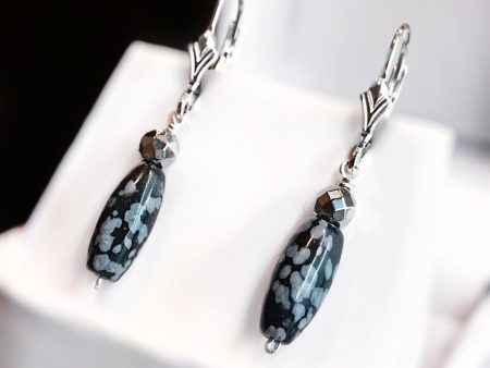 Snowflake Obsidian, Hematite and Sterling Silver Dangle Earrings Discount