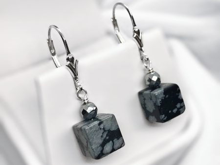 Snowflake Obsidian (Square), Hematite and Sterling Silver Dangle Earrings Hot on Sale