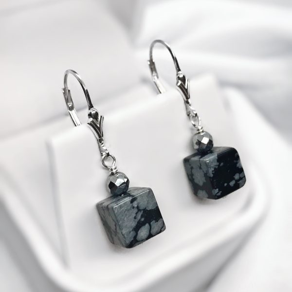 Snowflake Obsidian (Square), Hematite and Sterling Silver Dangle Earrings Hot on Sale