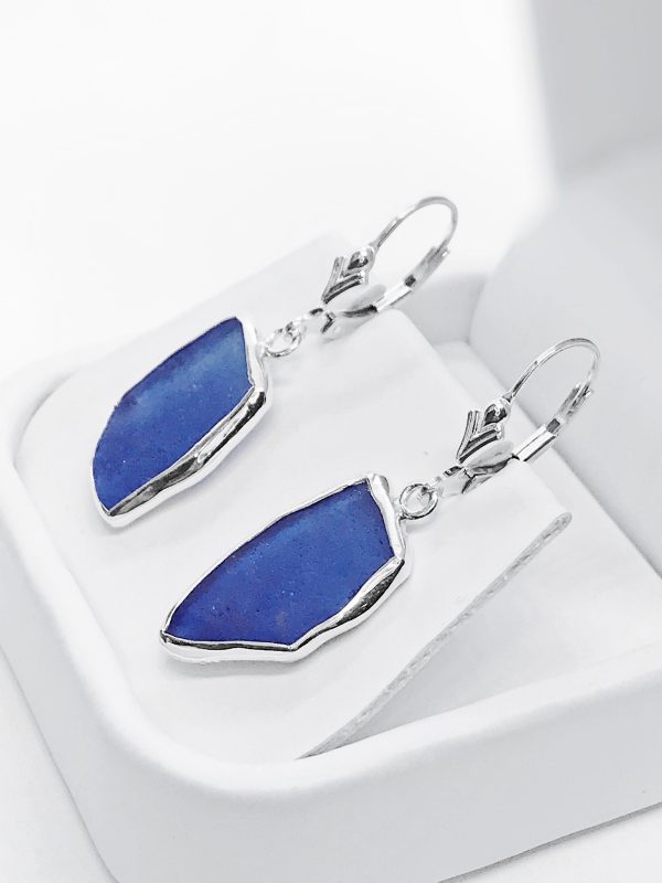 Beach Glass Dark Blue Cobalt Sterling Silver Dangle Earrings on Sale