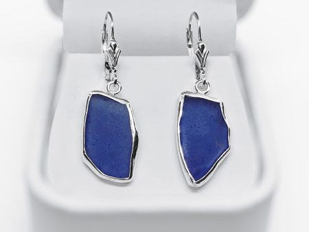 Beach Glass Dark Blue Cobalt Sterling Silver Dangle Earrings on Sale