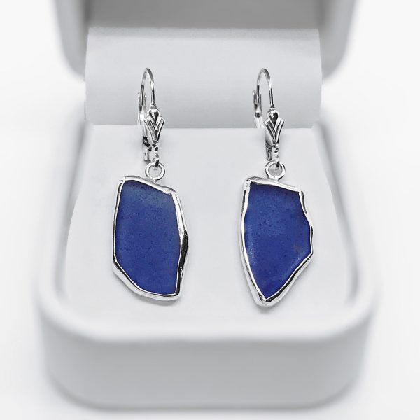 Beach Glass Dark Blue Cobalt Sterling Silver Dangle Earrings on Sale