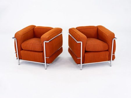 1970s Pair of Le Corbusier Jeanneret Perriand LC2 Petite Lounge Chairs in Orange Fabric for Cassina on Sale