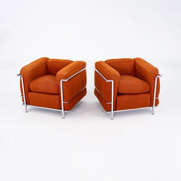 1970s Pair of Le Corbusier Jeanneret Perriand LC2 Petite Lounge Chairs in Orange Fabric for Cassina on Sale