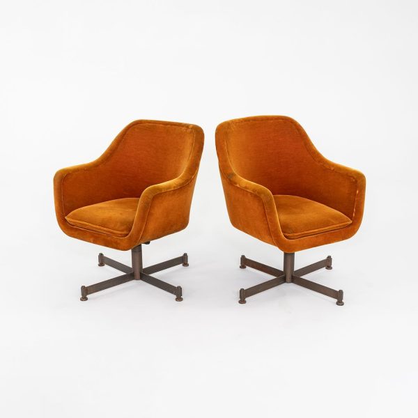 1960s Pair of Ward Bennett for Brickel Associates Bumper Arm Chairs in Ochre Jack Lenor Larsen Plush #6113 Fabric Supply