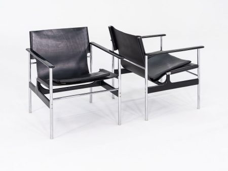 1960s Pair of Charles Pollock for Knoll Sling Arm Lounge Chairs in Black Leather and Chrome Online now