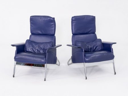 1993 Pair of Geoff Hollington for Herman Miller Lounge Chairs in Blue Leather and Aluminum Sale