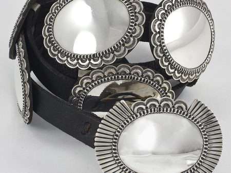 A Cadman Black Leather and Polished Sterling Silver Concho Belt For Discount