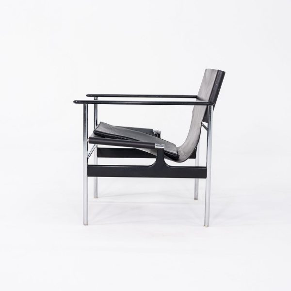 1960s Pair of Charles Pollock for Knoll Sling Arm Lounge Chairs in Black Leather and Chrome Online now