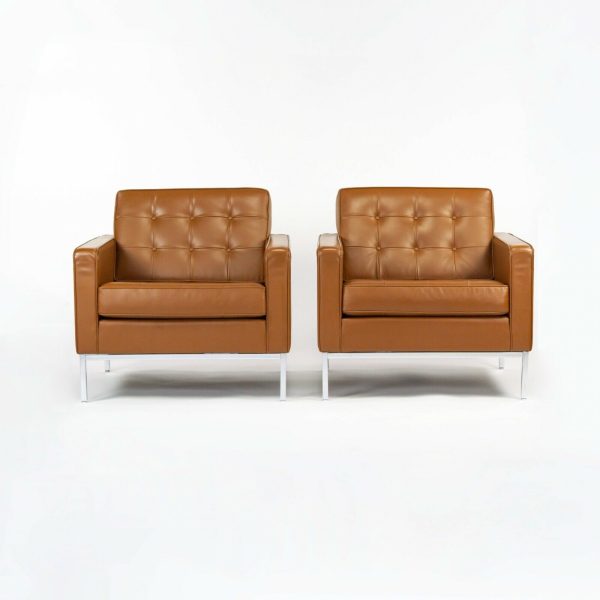 2012 Pair of Florence Knoll Club   Lounge Chairs in Dark Tan or Caramel Leather Cheap