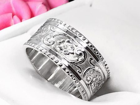 Band- Wide Floral Patterned Millgrain Ring Sterling Silver Stackable on Sale