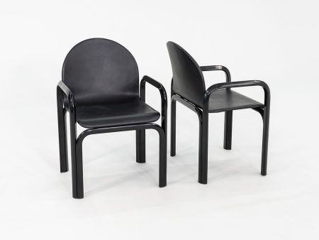 1980s Pair of Gae Aulenti for Knoll Orsay Dining Arm Chairs with Black Frame & Leather For Sale