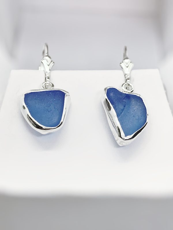 Beach Glass Blue Cobalt Sterling Silver Dangle Earrings Online now