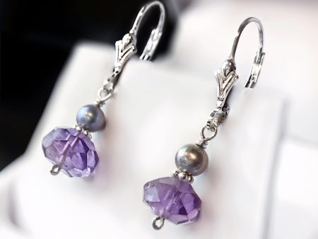 Amethyst, Grey Purple Freshwater Pearl and Sterling Silver Dangle Earrings Cheap