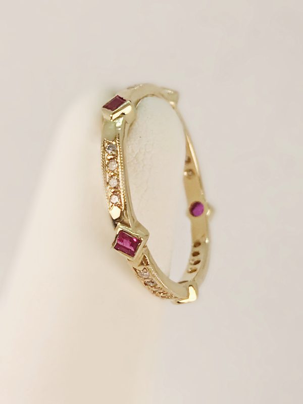 Square Genuine Ruby and Diamond Stackable 14k Yellow Gold Ring Fashion