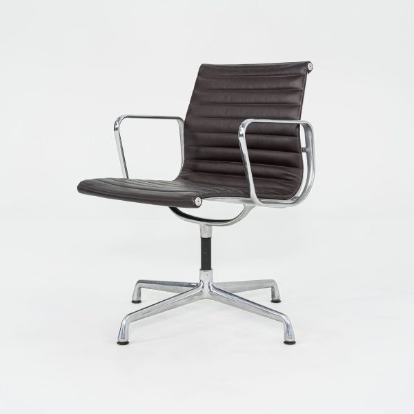 2012 Eames Aluminum Group Side Chair, EA108 by Ray and Charles Eames for Herman Miller in Brown Leather 12+ Available Discount