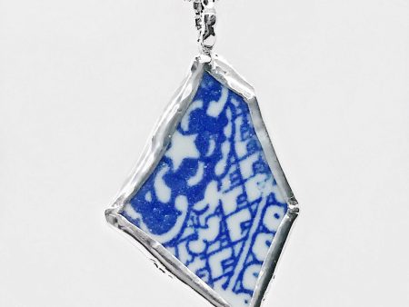 Beach Glass Pottery Asian Blue & White Pattern Sterling Silver Necklace Sale