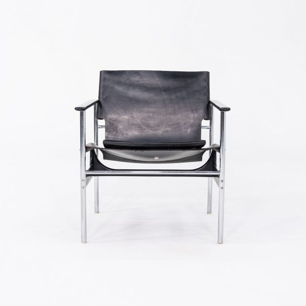 1960s Pair of Charles Pollock for Knoll Sling Arm Lounge Chairs in Black Leather and Chrome Online now