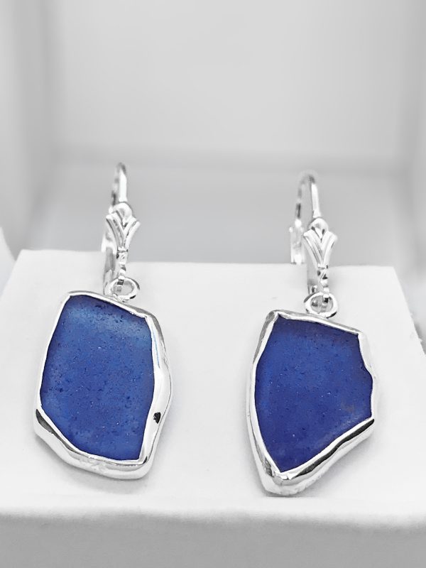 Beach Glass Dark Blue Cobalt Sterling Silver Dangle Earrings on Sale