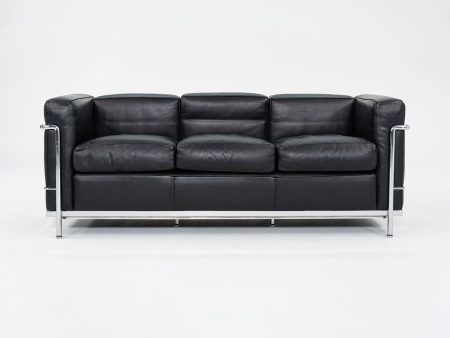 2010s LC2 3-Seat Sofa by Le Corbusier, Pierre Jeanneret, Charlotte Perriand for Cassina in Black Leather and Chrome Discount