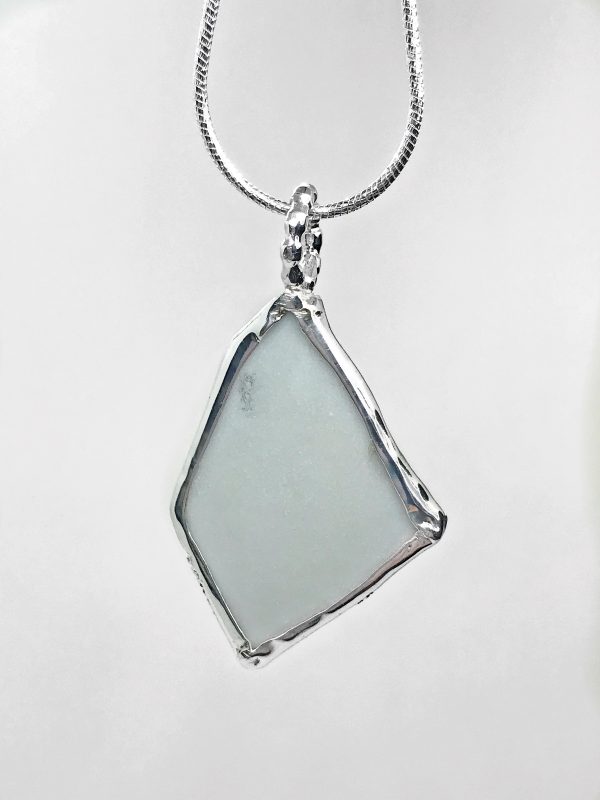 Beach Glass Pottery Asian Blue & White Pattern Sterling Silver Necklace Sale