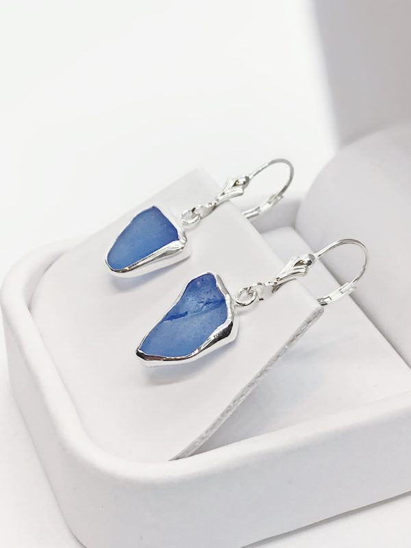 Beach Glass Blue Cobalt Sterling Silver Dangle Earrings Online now